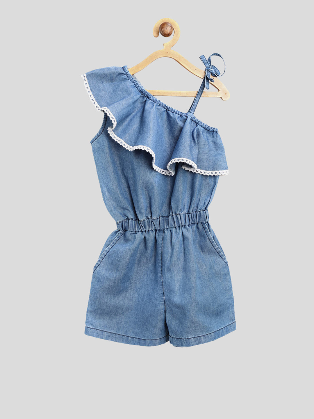 Girls Denim Lace Flap One Shoulder Playsuit