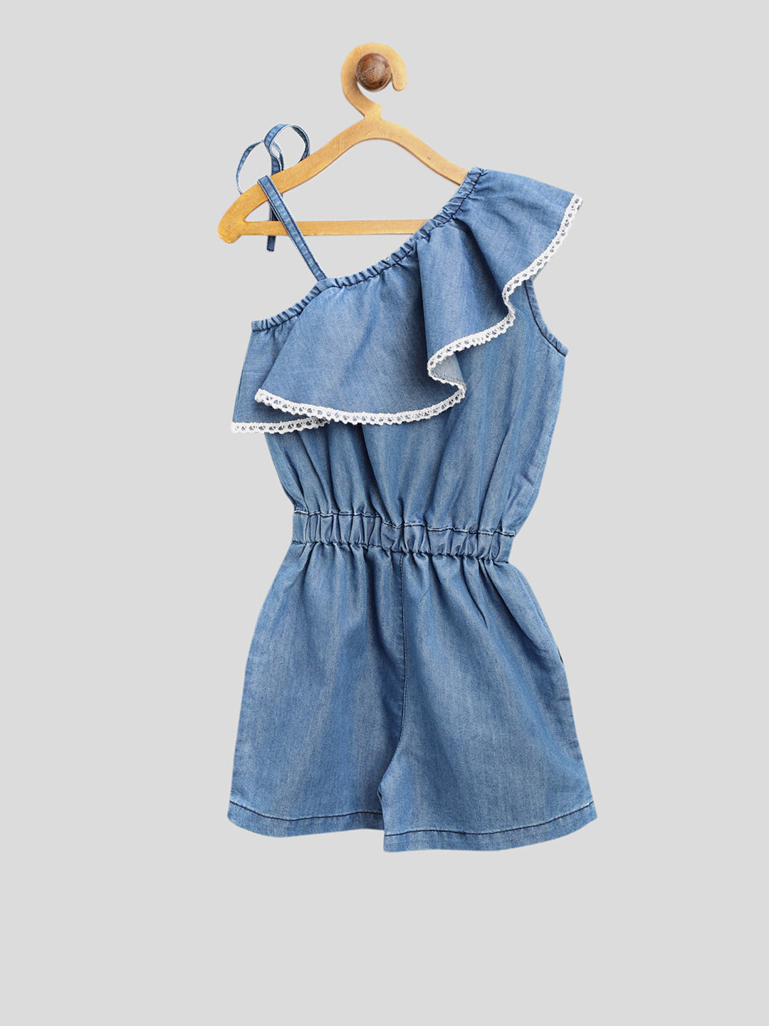 Girls Denim Lace Flap One Shoulder Playsuit