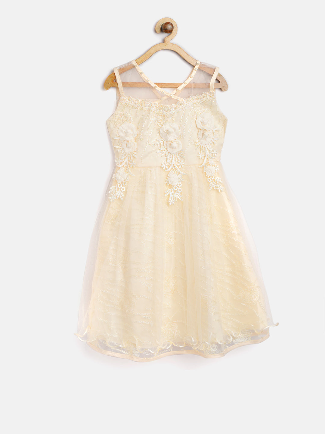 Girls Cream Flowers and Pearls embellished Party Dress