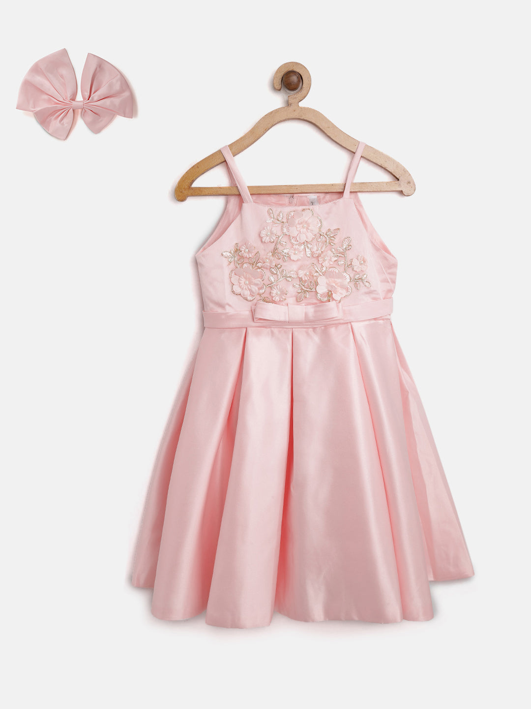 Girls Pink Pleated and embellished Party Dress with beautiful back Bow