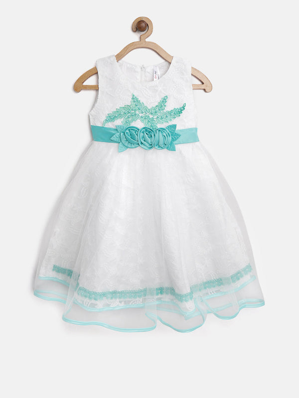 Girls White and Green embellished and embroidered Party Dress
