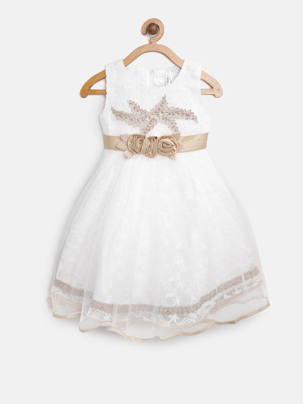 Girls White and Dull Gold embellished and embroidered Party Dress