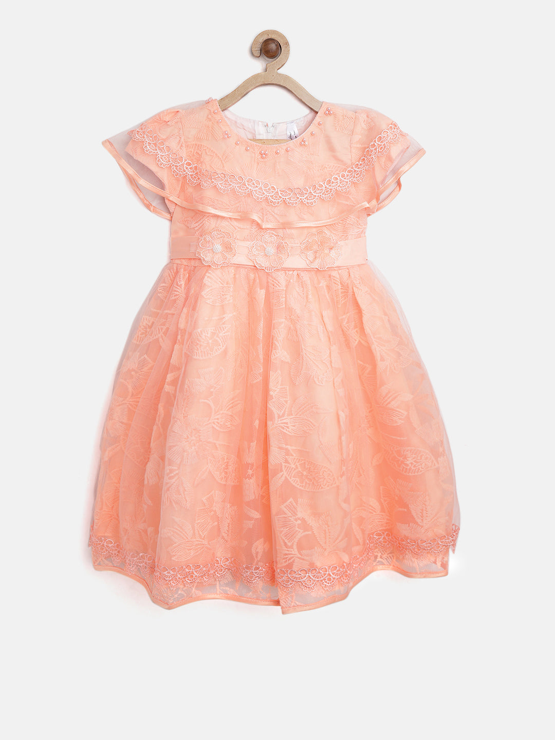 Girls Peach Pearls and Roses embellished Party Dress