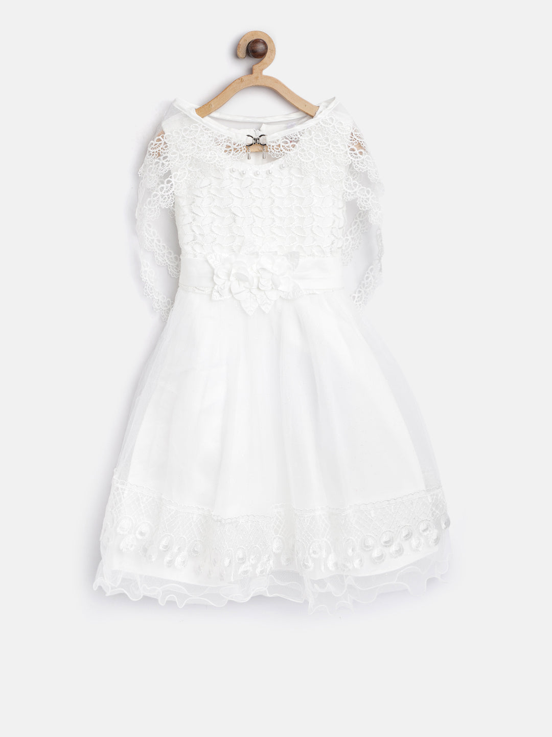 Girls White Pearls and Roses embellished Party Dress with Shrug