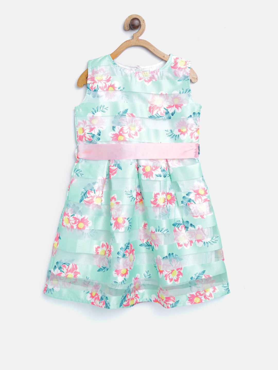 Girls Aqua Green Sheer Stripe Floral Dress