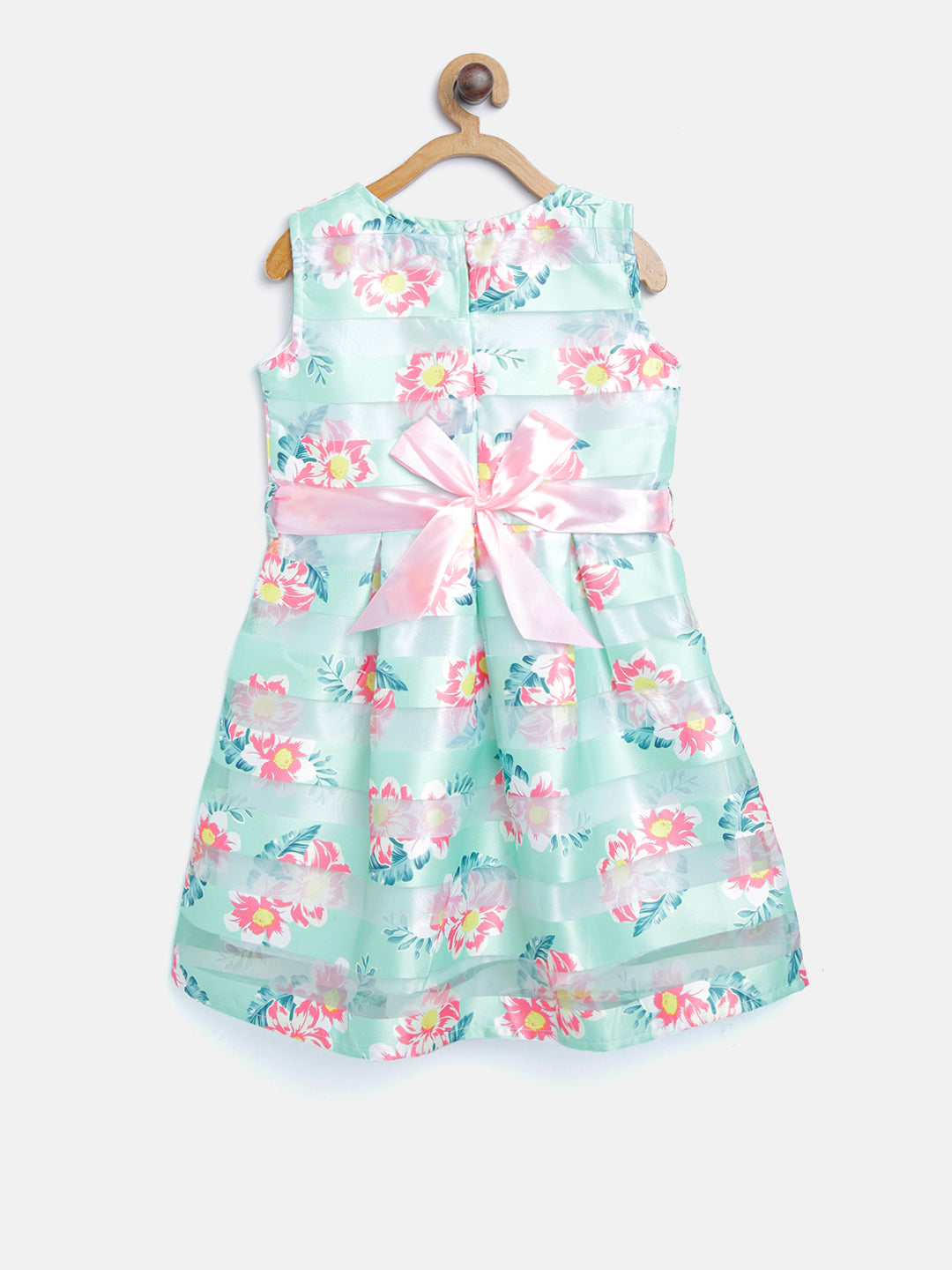 Girls Aqua Green Sheer Stripe Floral Dress