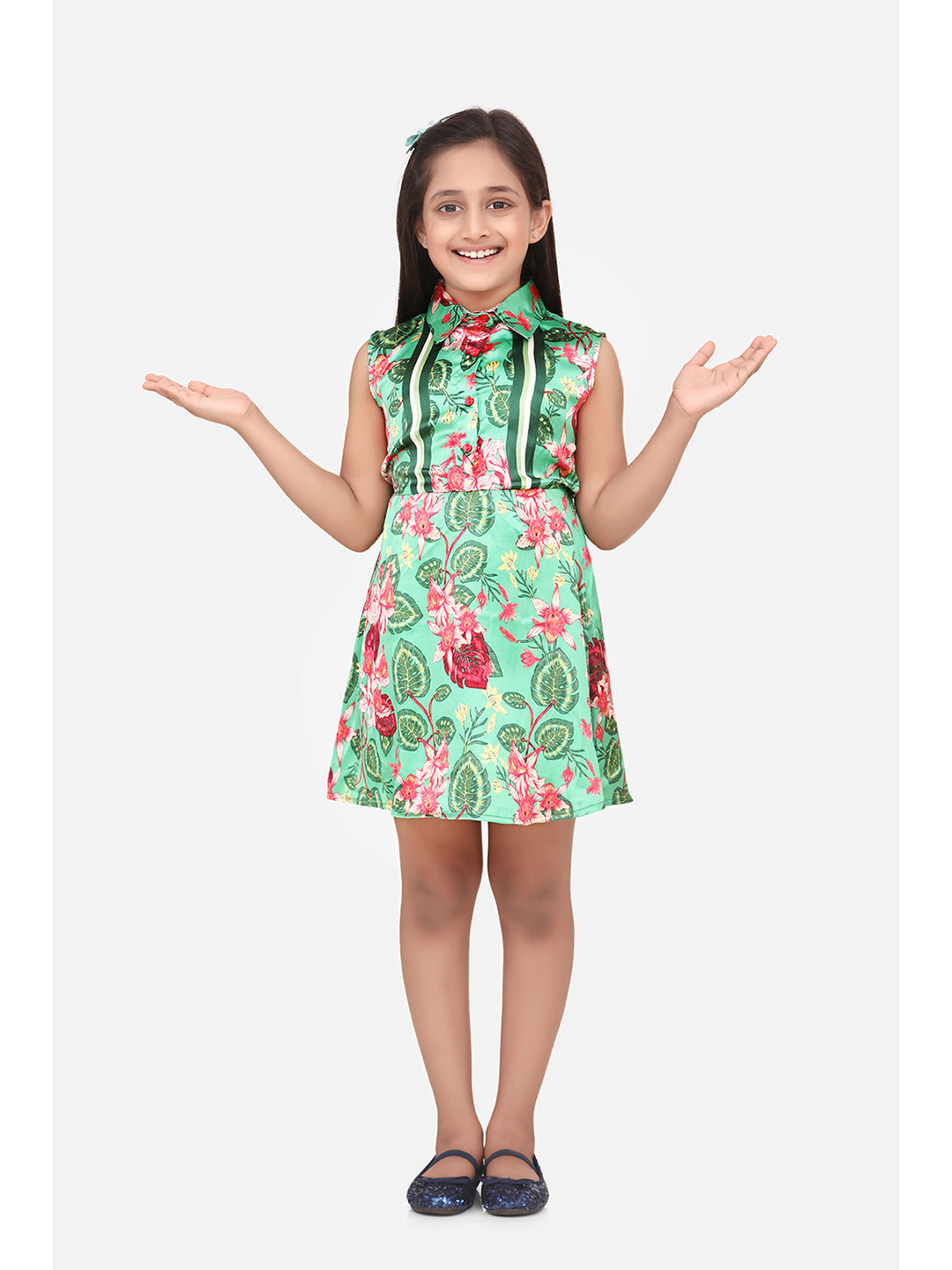 Girls Green Floral Satin Dress