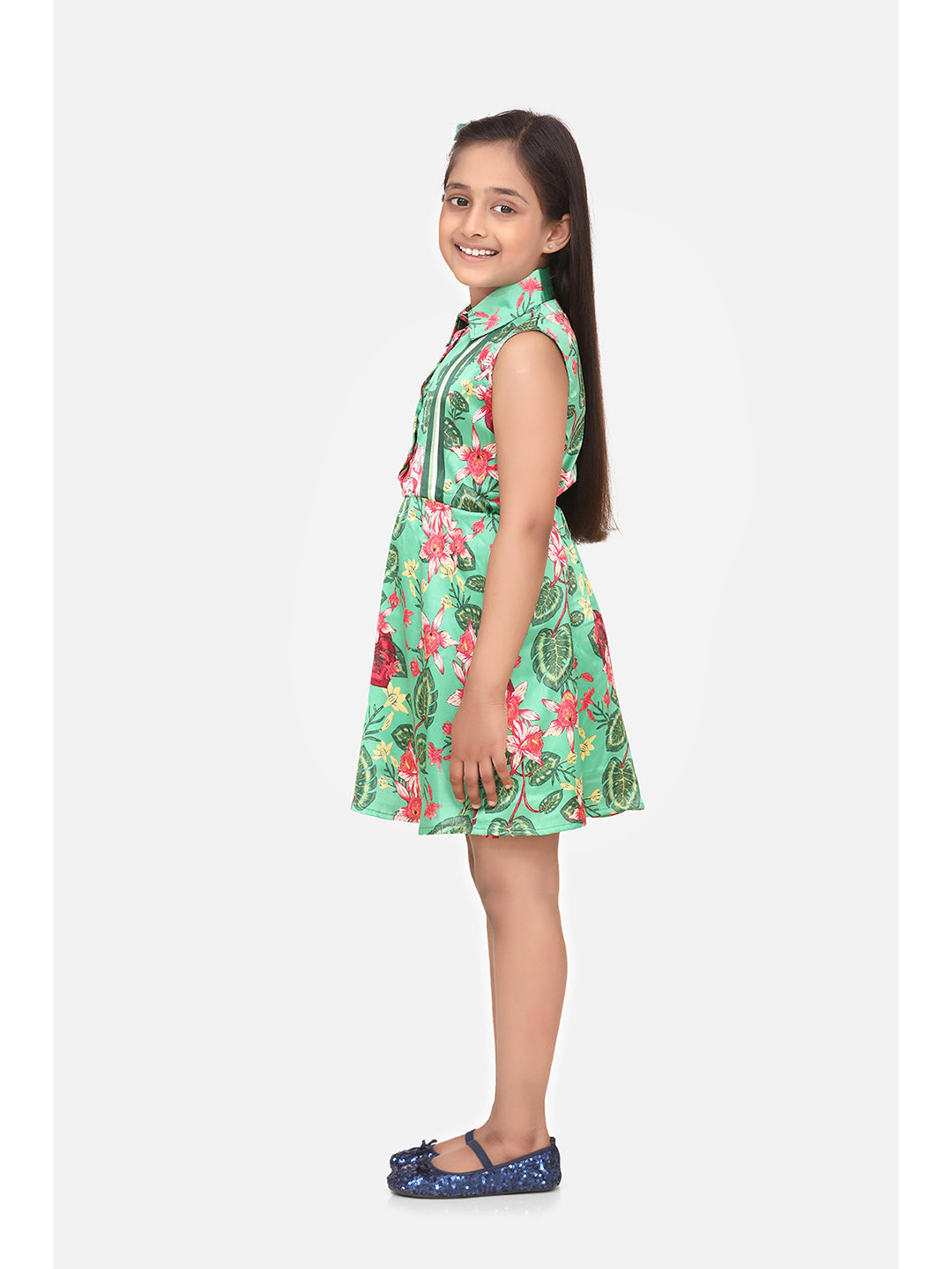 Girls Green Floral Satin Dress