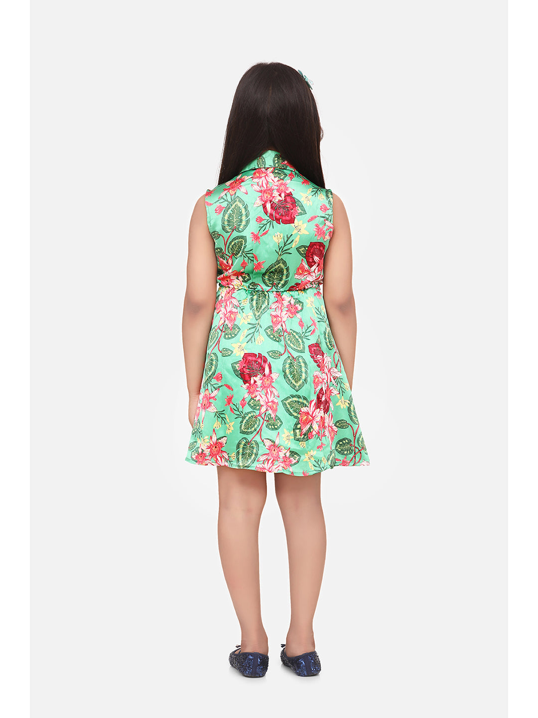 Girls Green Floral Satin Dress