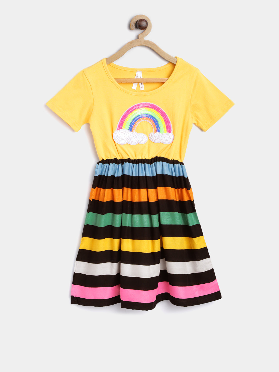 Girls Embellished Rainbow and Stripe Printed Dress