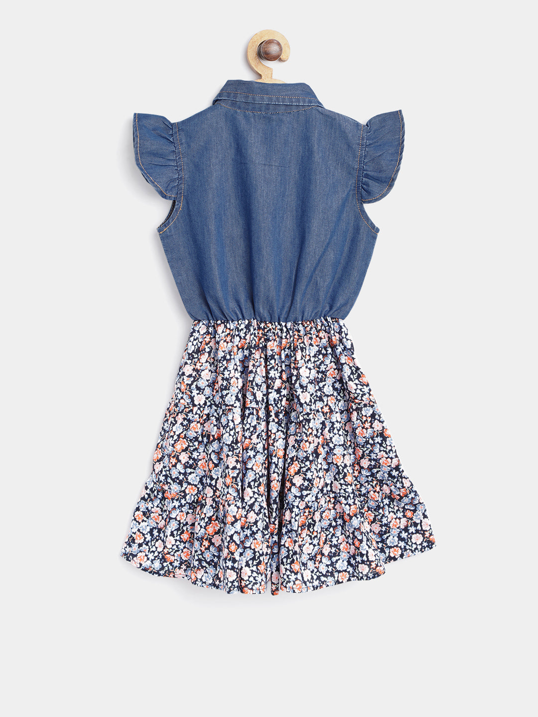 Girls Denim and Blue and Red Floral Printed Dress