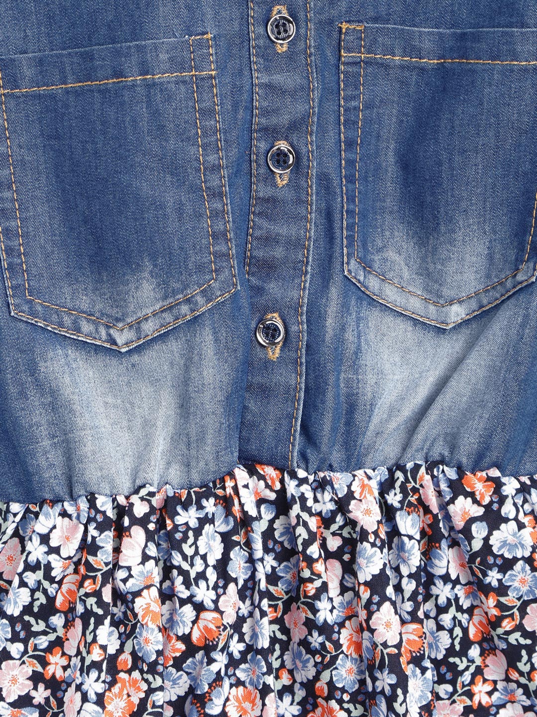 Girls Denim and Blue and Red Floral Printed Dress
