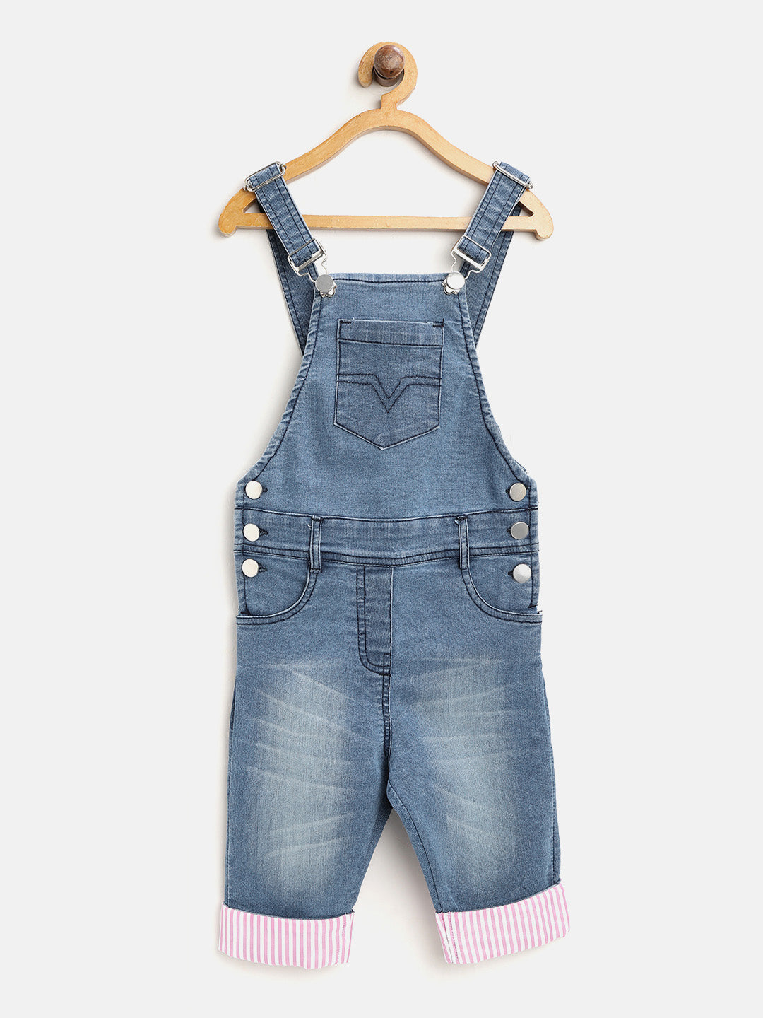 Girls Lycra Denim with Pink Roll Up 3/4th Capri Dungaree