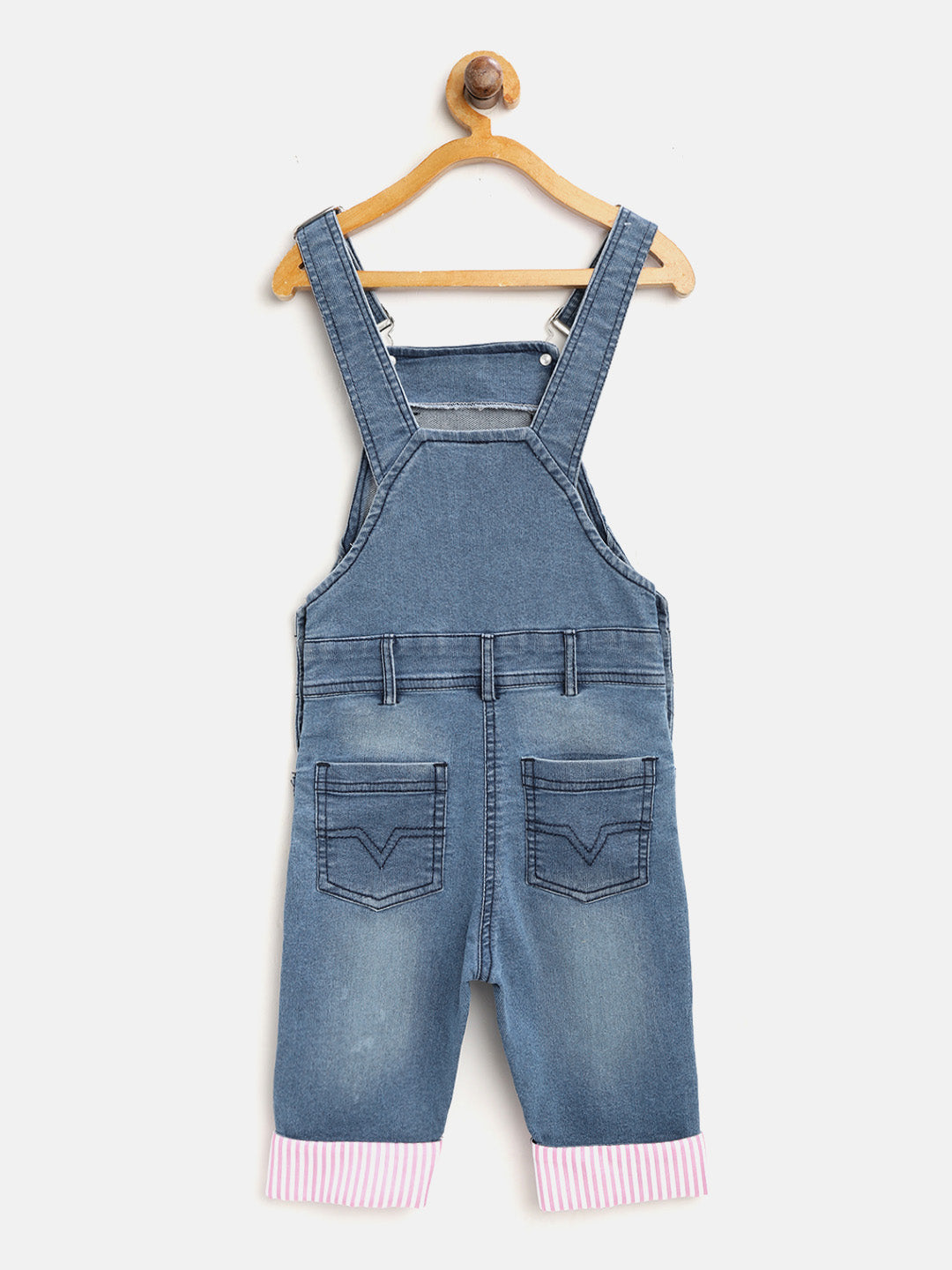 Girls Lycra Denim with Pink Roll Up 3/4th Capri Dungaree