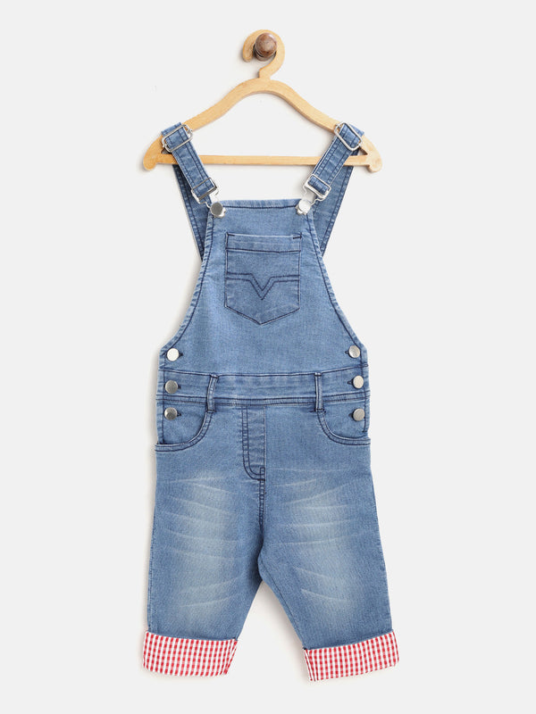 Girls Lycra Denim with Red Roll Up 3/4th Capri Dungaree
