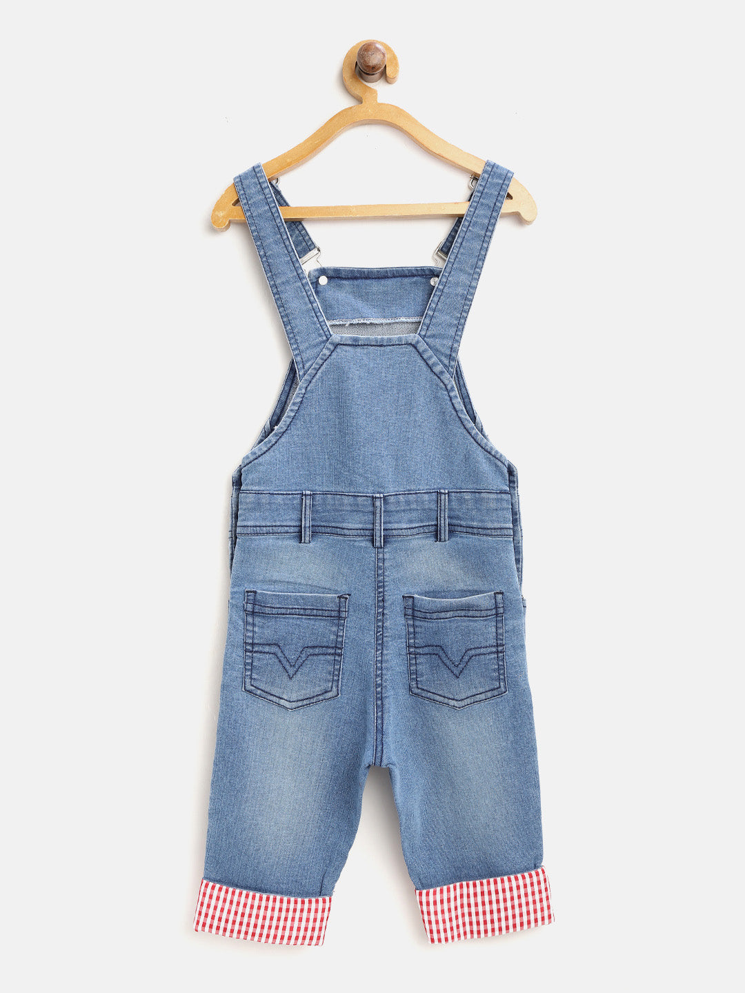 Girls Lycra Denim with Red Roll Up 3/4th Capri Dungaree
