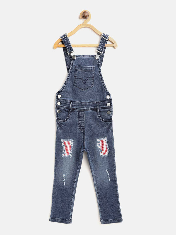 Girls Lycra Denim Dungaree with Red Patch Distress