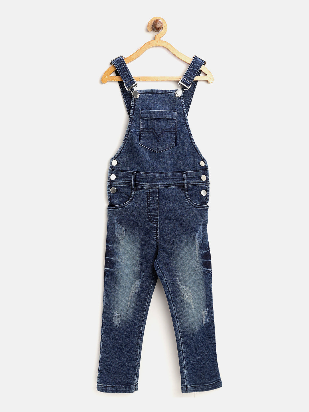 Girls Lycra Denim Scratch Style Distressed Dungaree