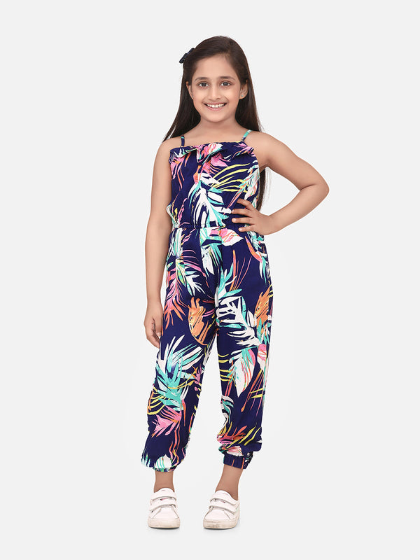 Girls Multi colored Leaf Print Rayon Jumpsuit