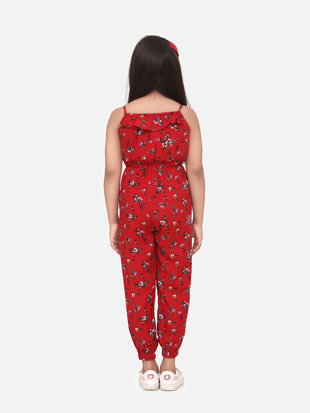 Girls Red Printed Rayon Jumpsuit