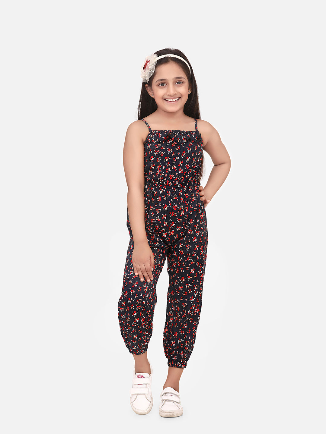 Girls Red and Black Printed Rayon Jumpsuit