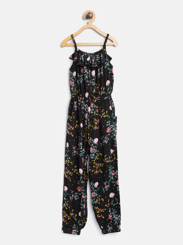 Girls Red and Black Printed Rayon Jumpsuit