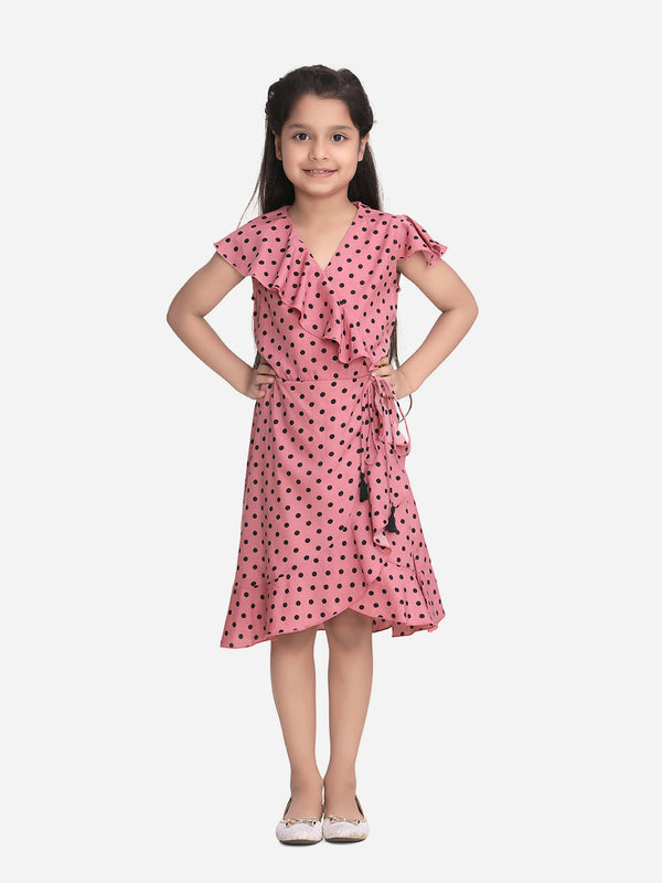 Girls Pink Polka Dot Polyester Crepe Dress with Ruffle