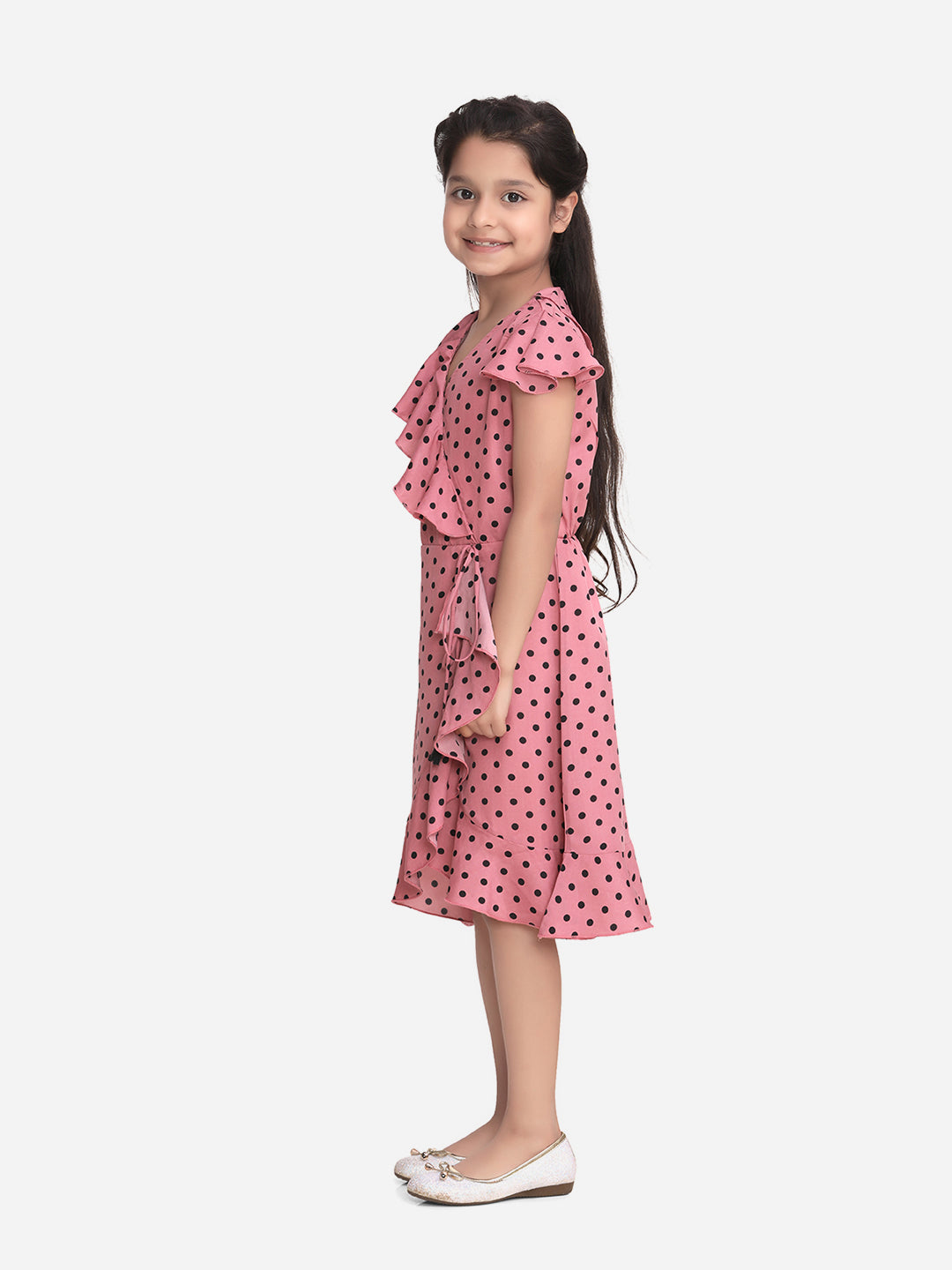 Girls Pink Polka Dot Polyester Crepe Dress with Ruffle