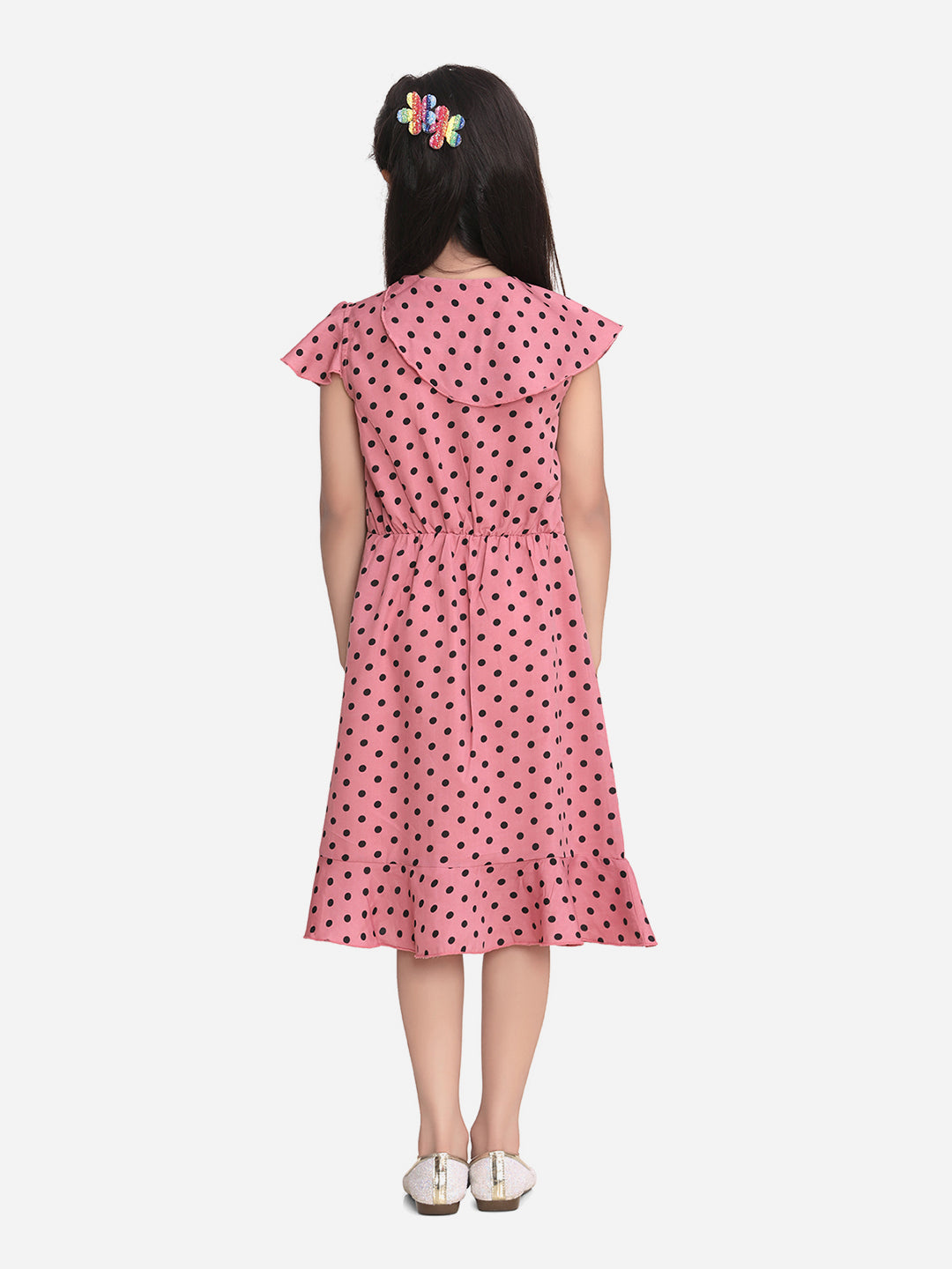 Girls Pink Polka Dot Polyester Crepe Dress with Ruffle