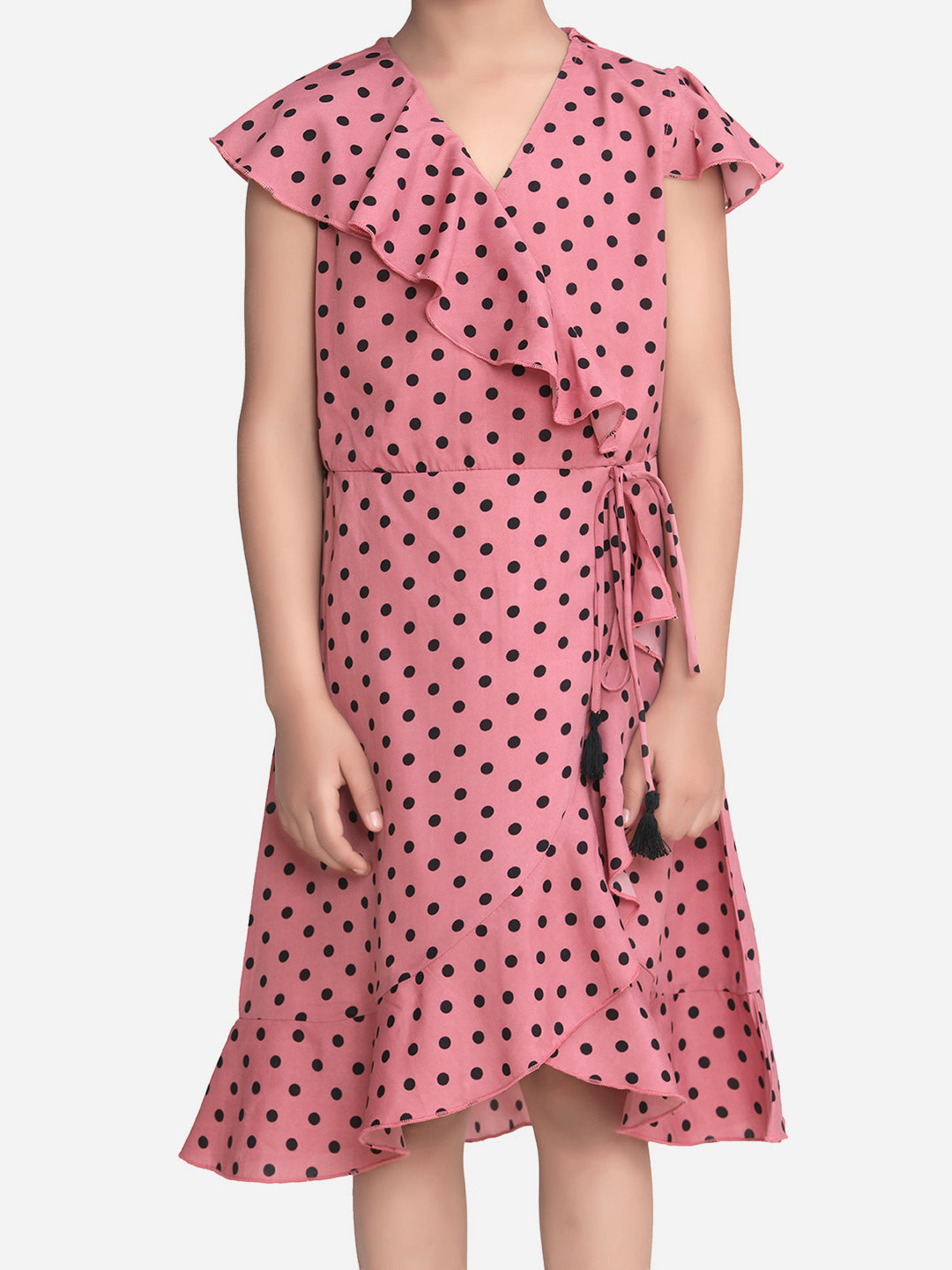 Girls Pink Polka Dot Polyester Crepe Dress with Ruffle