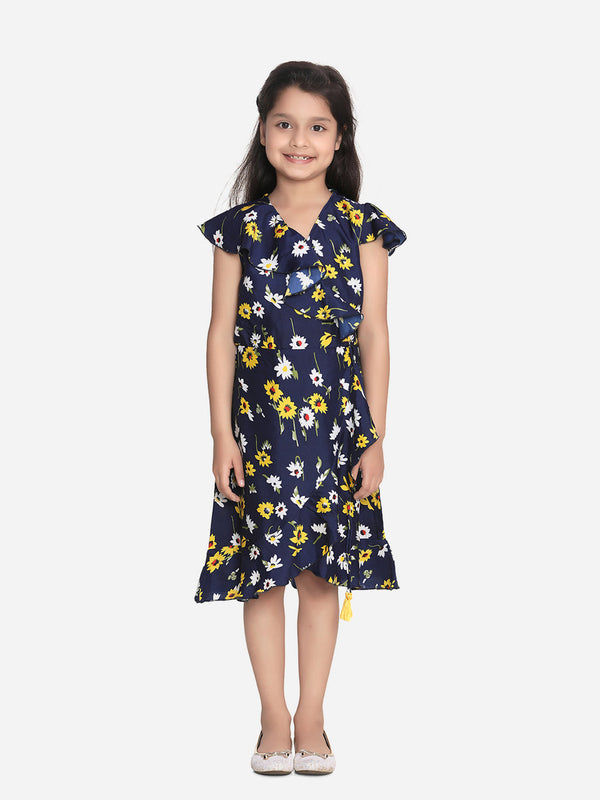 Girls Navy Floral Polyester Crepe Dress with Ruffle