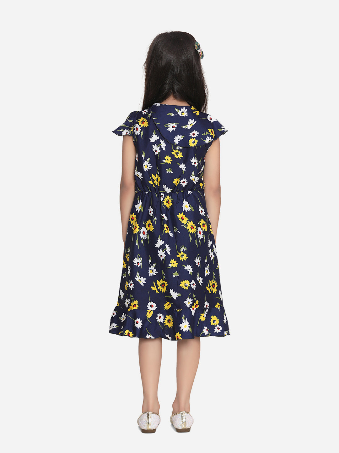 Girls Navy Floral Polyester Crepe Dress with Ruffle