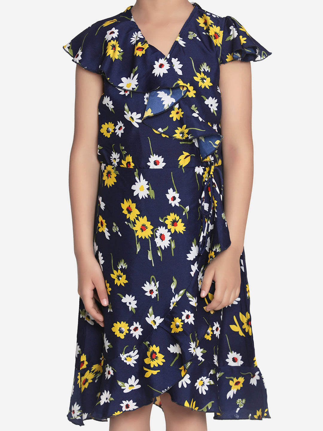 Girls Navy Floral Polyester Crepe Dress with Ruffle