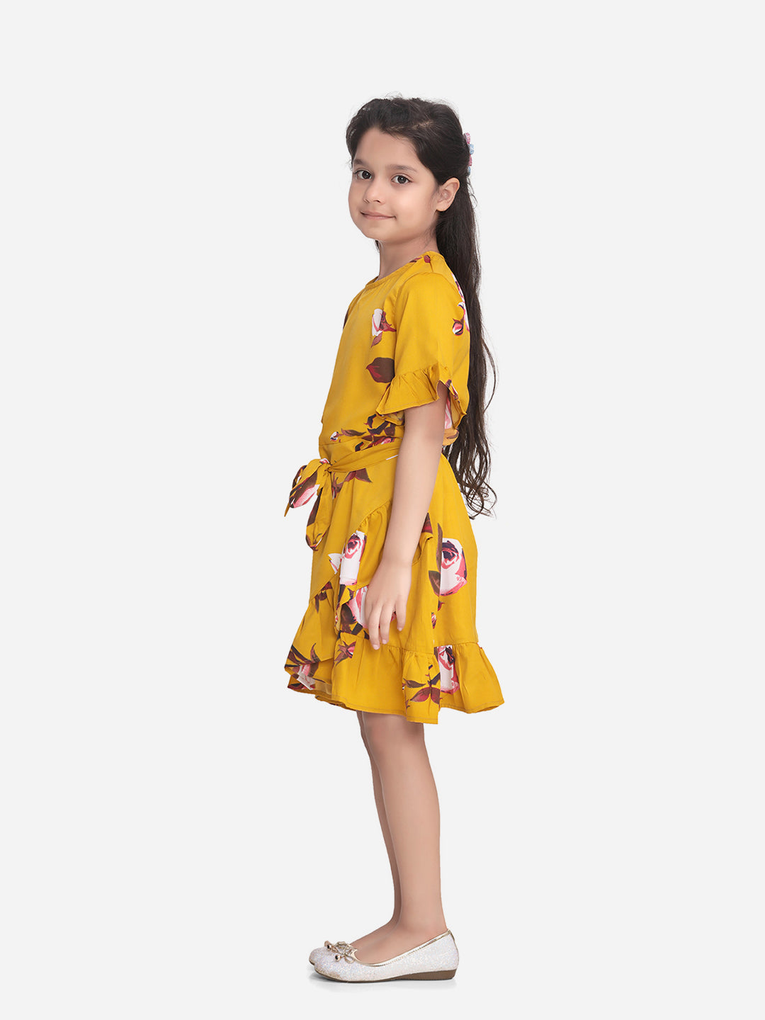 Girls Mustard FloralPrint Dress with Ruffle