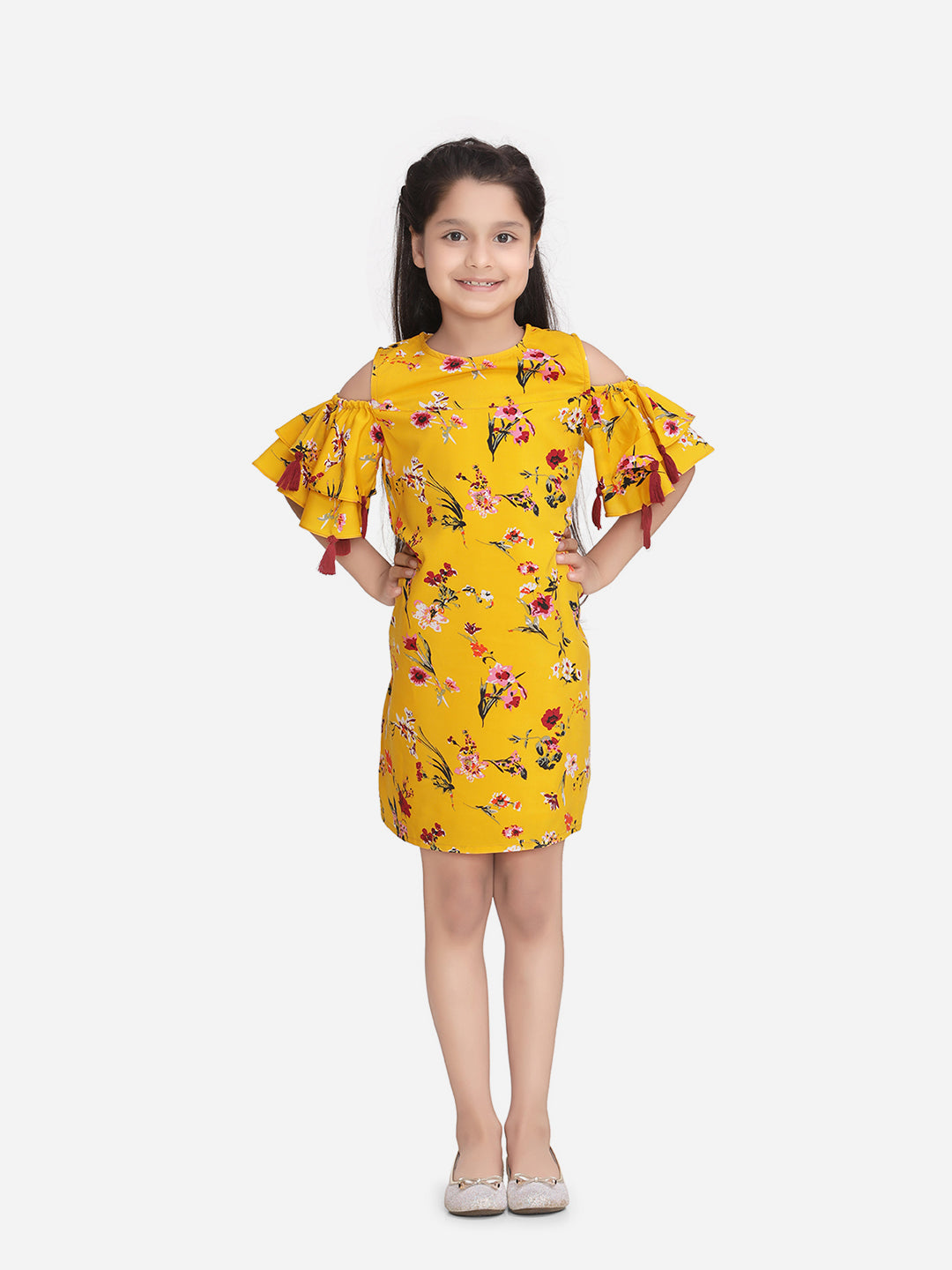 Girls Yellow Polyester Crepe Floral Dress with tassels