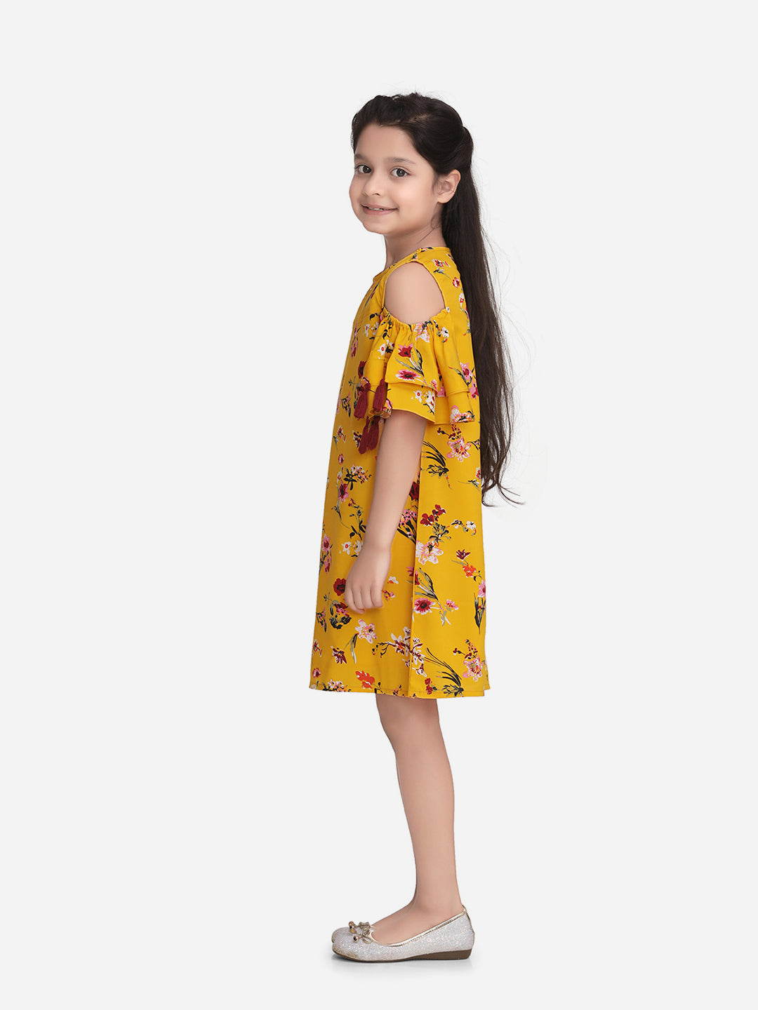 Girls Yellow Polyester Crepe Floral Dress with tassels