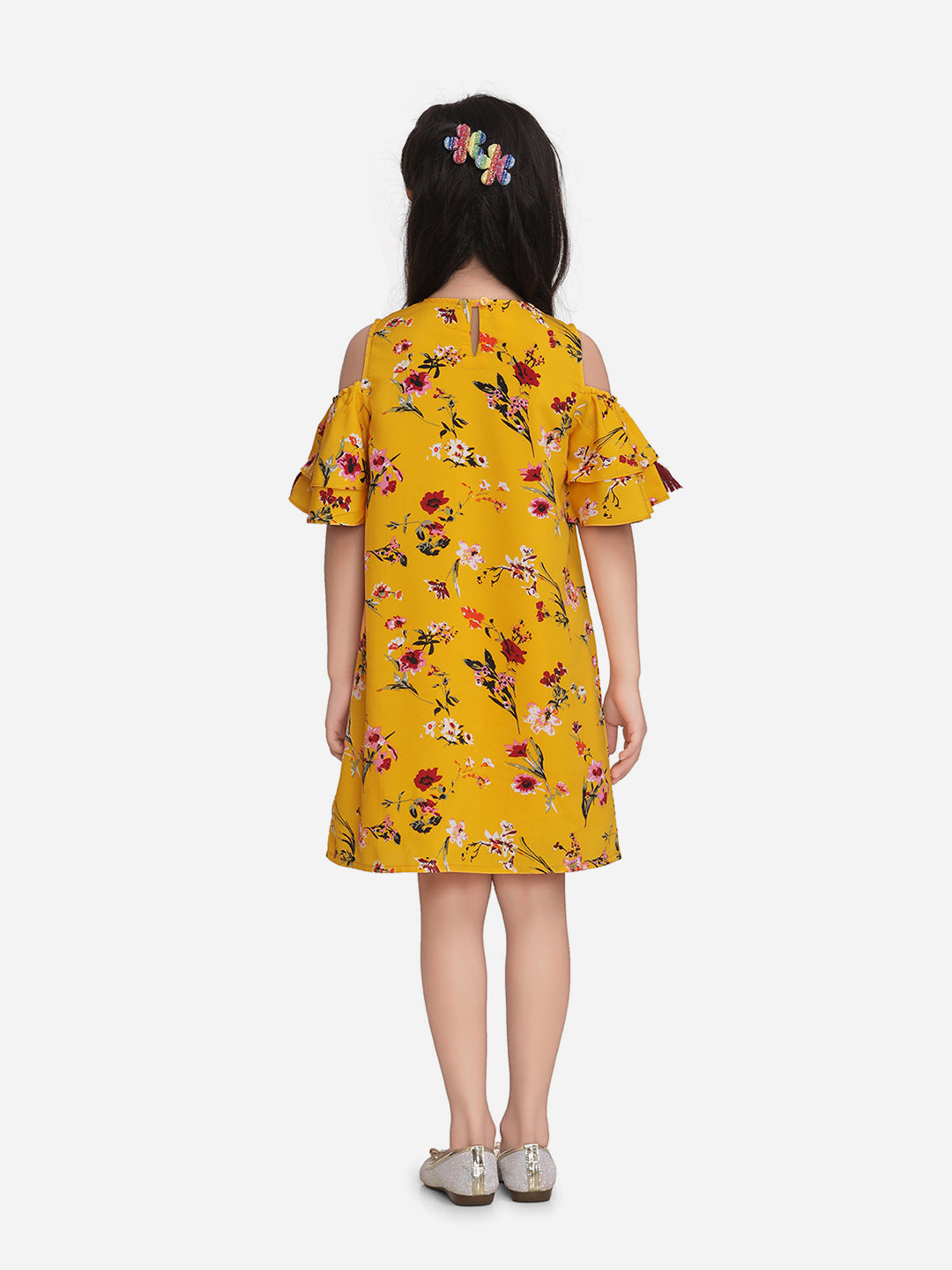 Girls Yellow Polyester Crepe Floral Dress with tassels