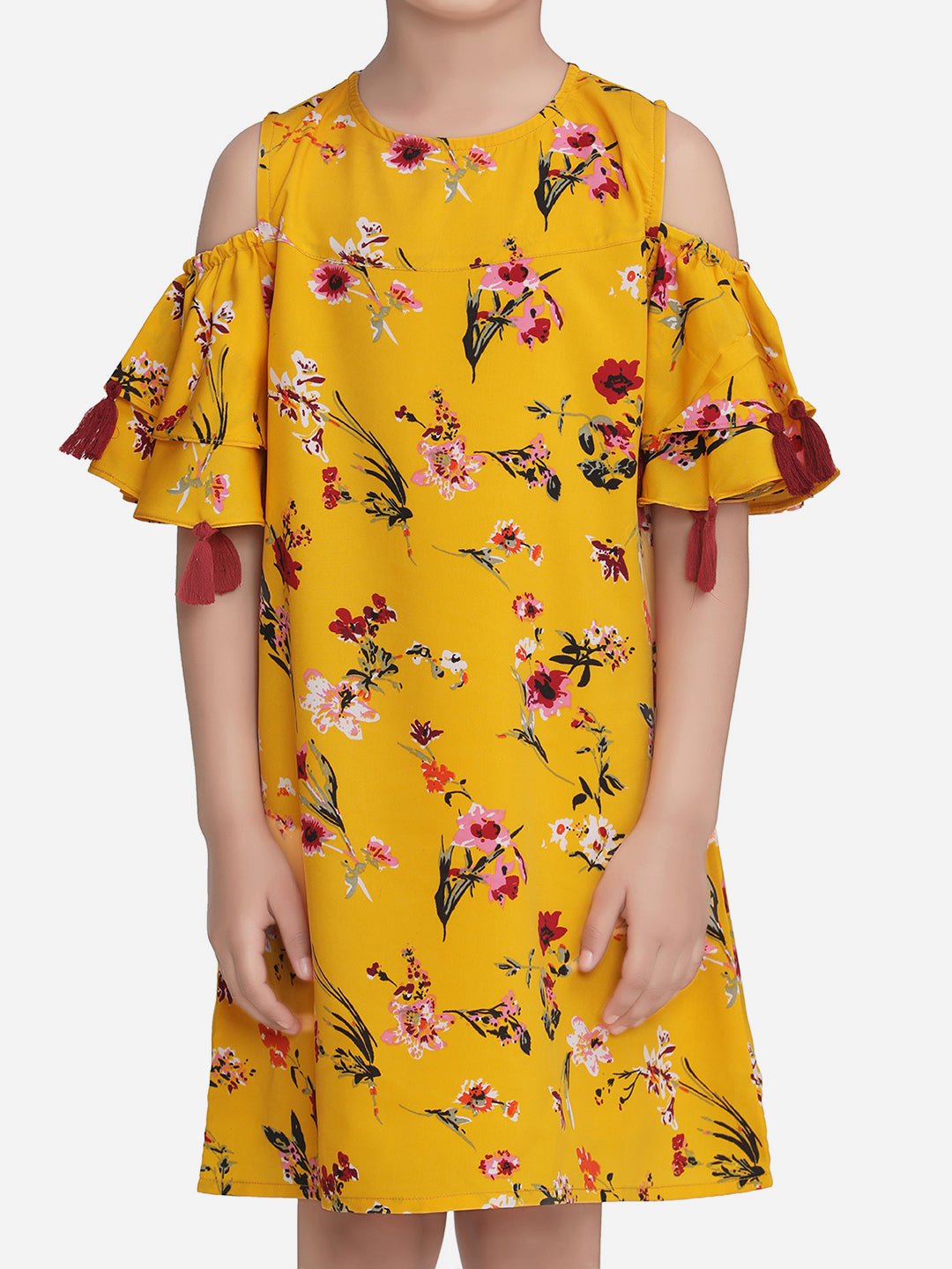 Girls Yellow Polyester Crepe Floral Dress with tassels