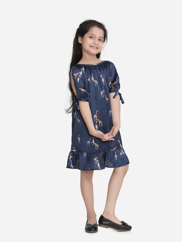 Girls Navy Satin Giraffe Print Slit Sleeve Dress