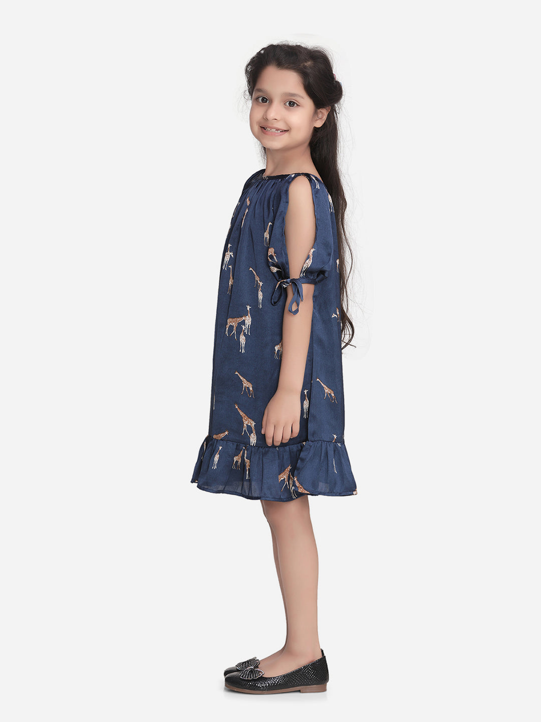 Girls Navy Satin Giraffe Print Slit Sleeve Dress