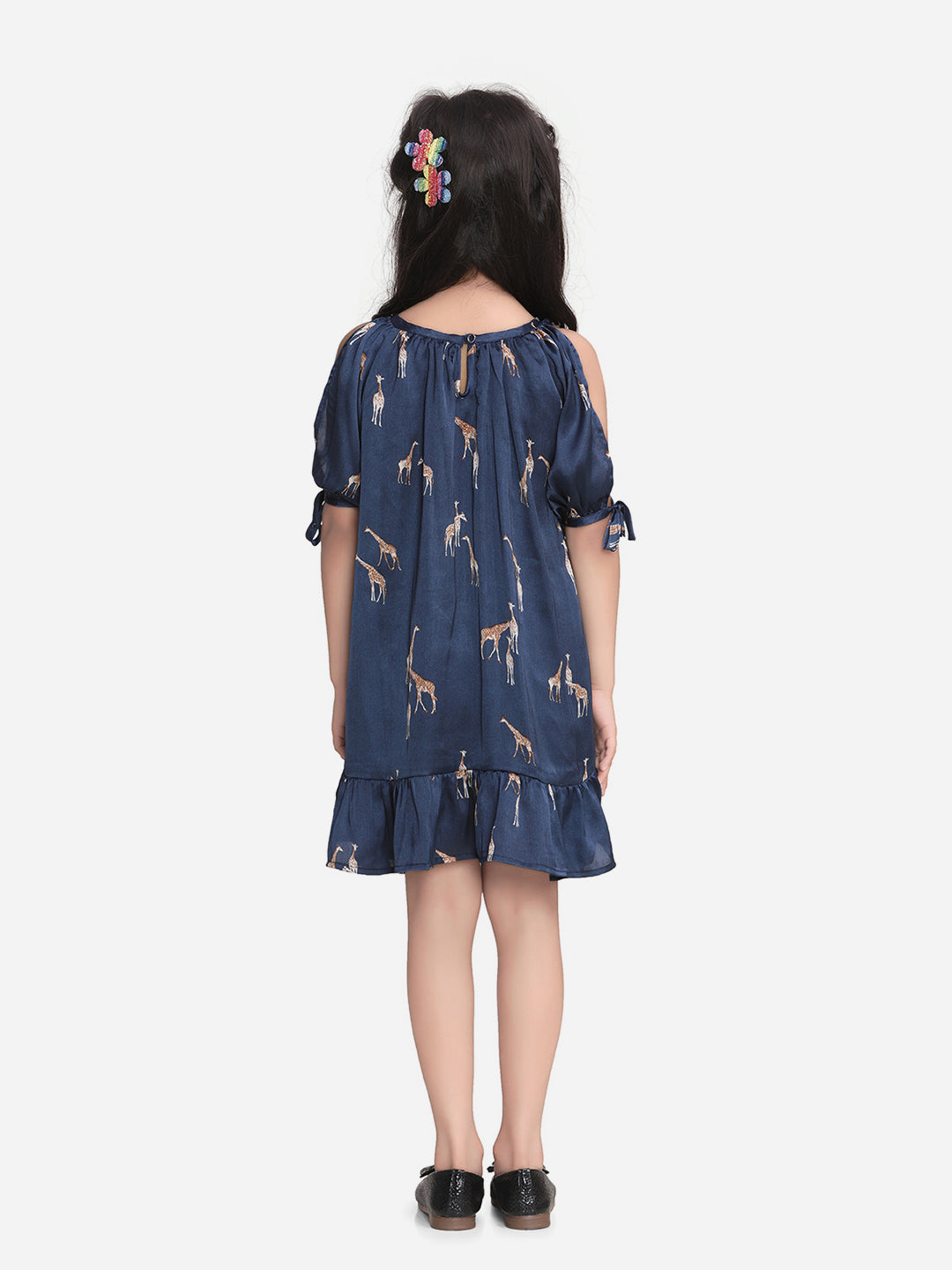 Girls Navy Satin Giraffe Print Slit Sleeve Dress