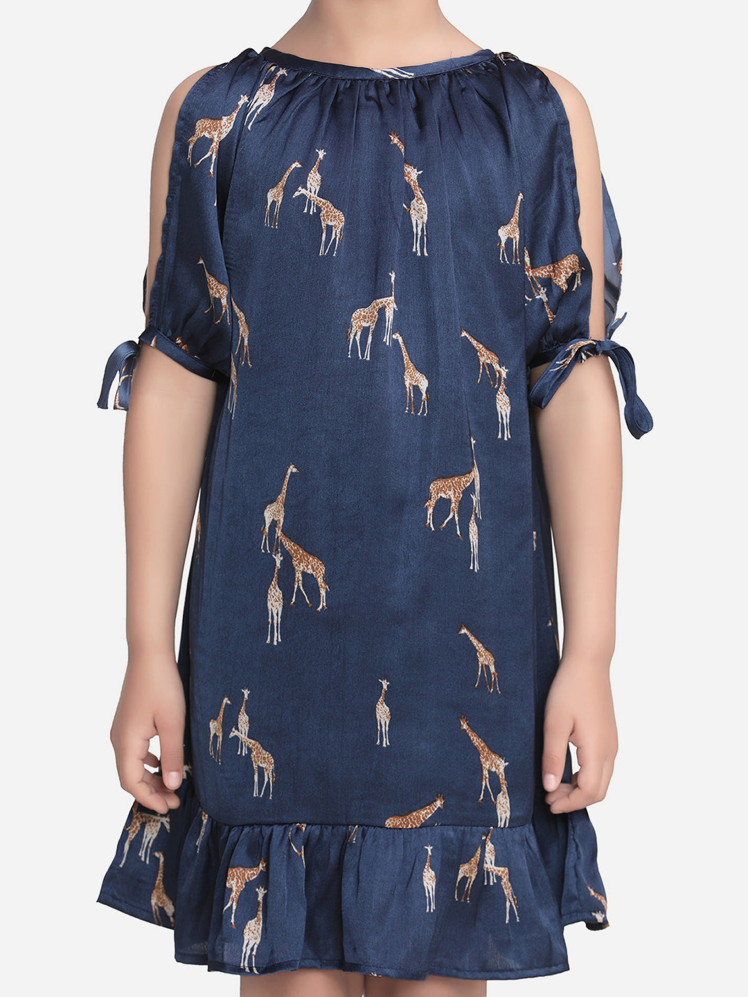 Girls Navy Satin Giraffe Print Slit Sleeve Dress