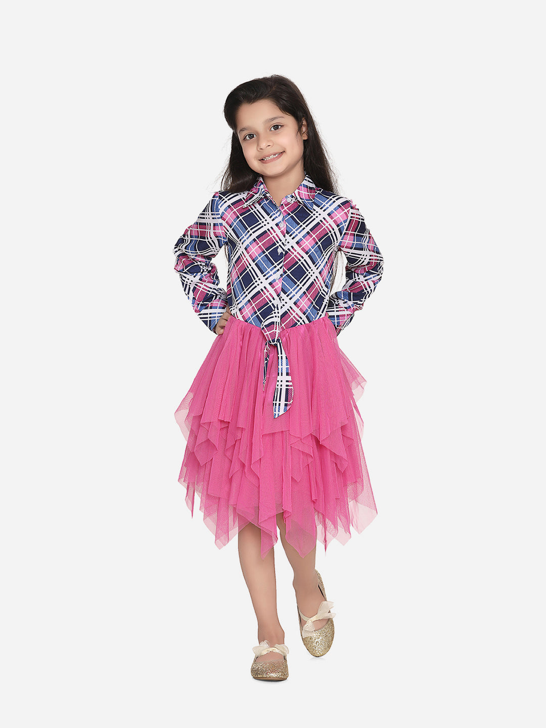 Girls Polyester Crepe Shirt and attached Net Tutu Skirt Dress