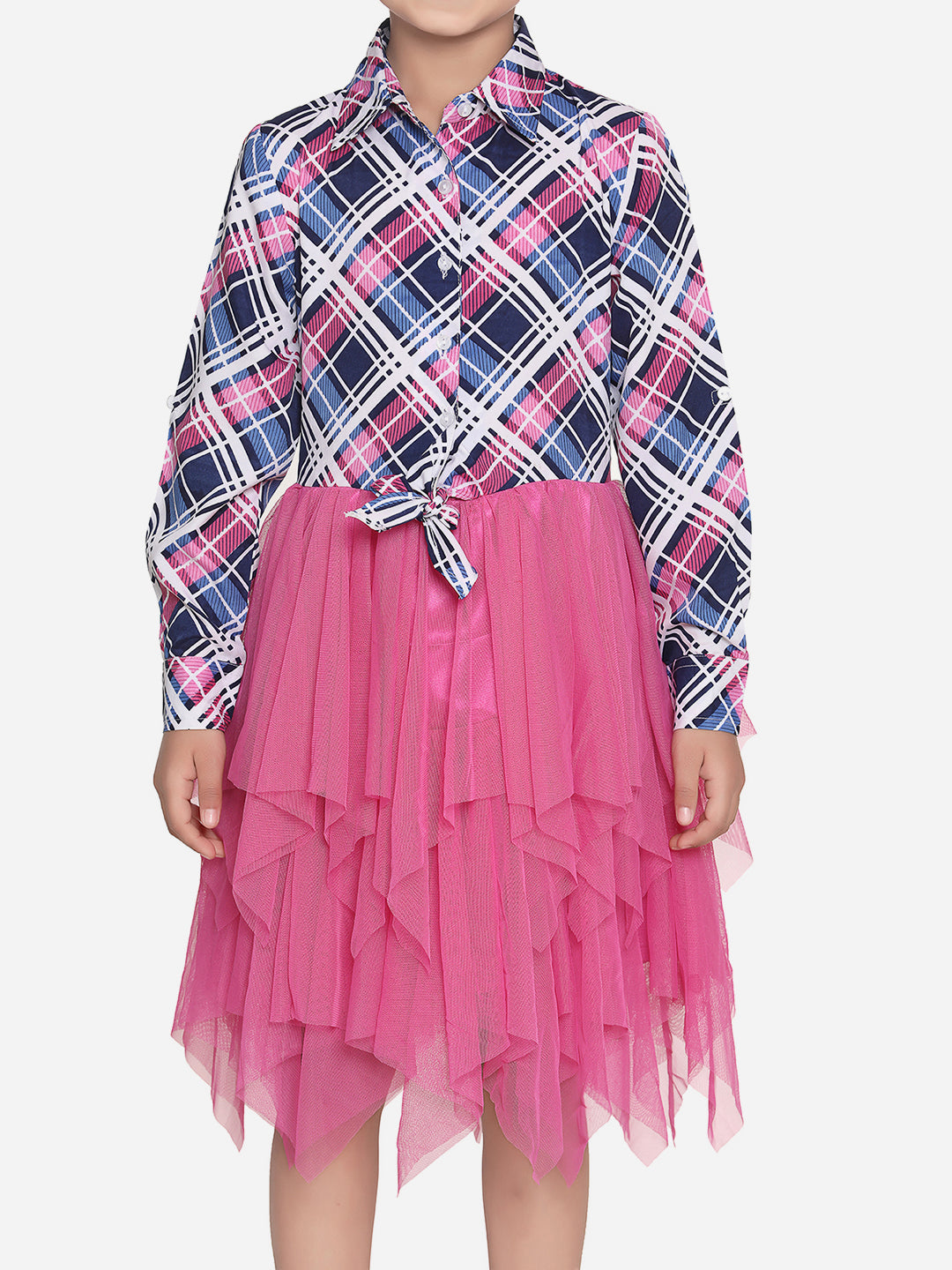 Girls Polyester Crepe Shirt and attached Net Tutu Skirt Dress