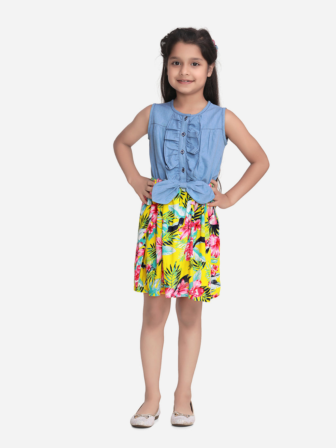 Girls Denim and Floral Cotton Printed Dress