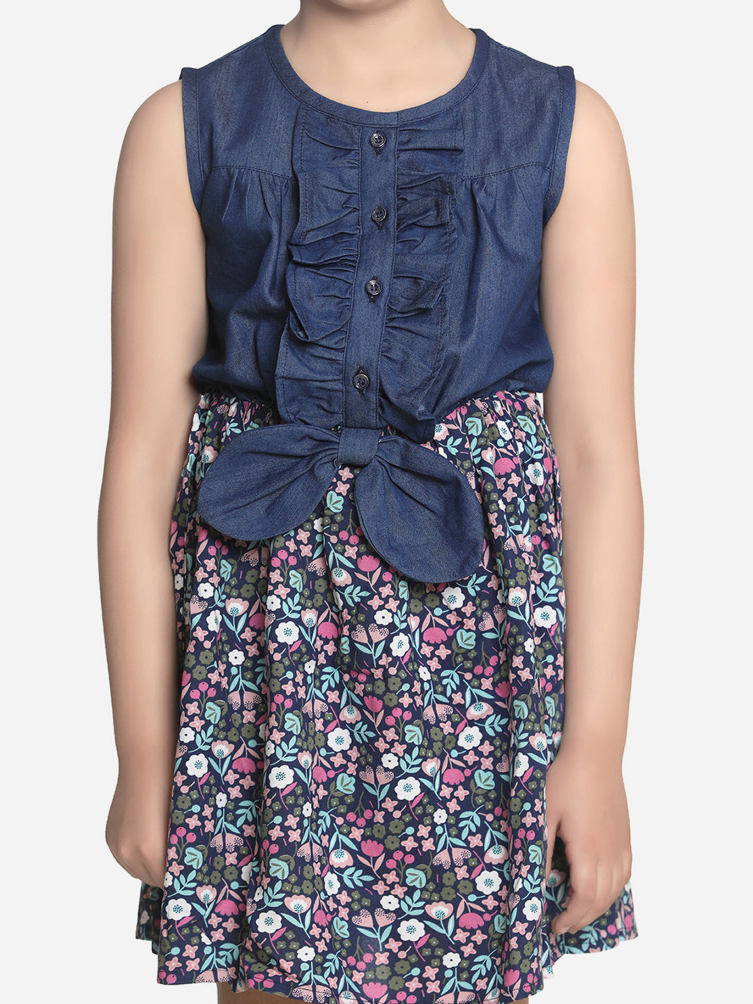 Girls Denim and Floral Cotton Printed Dress