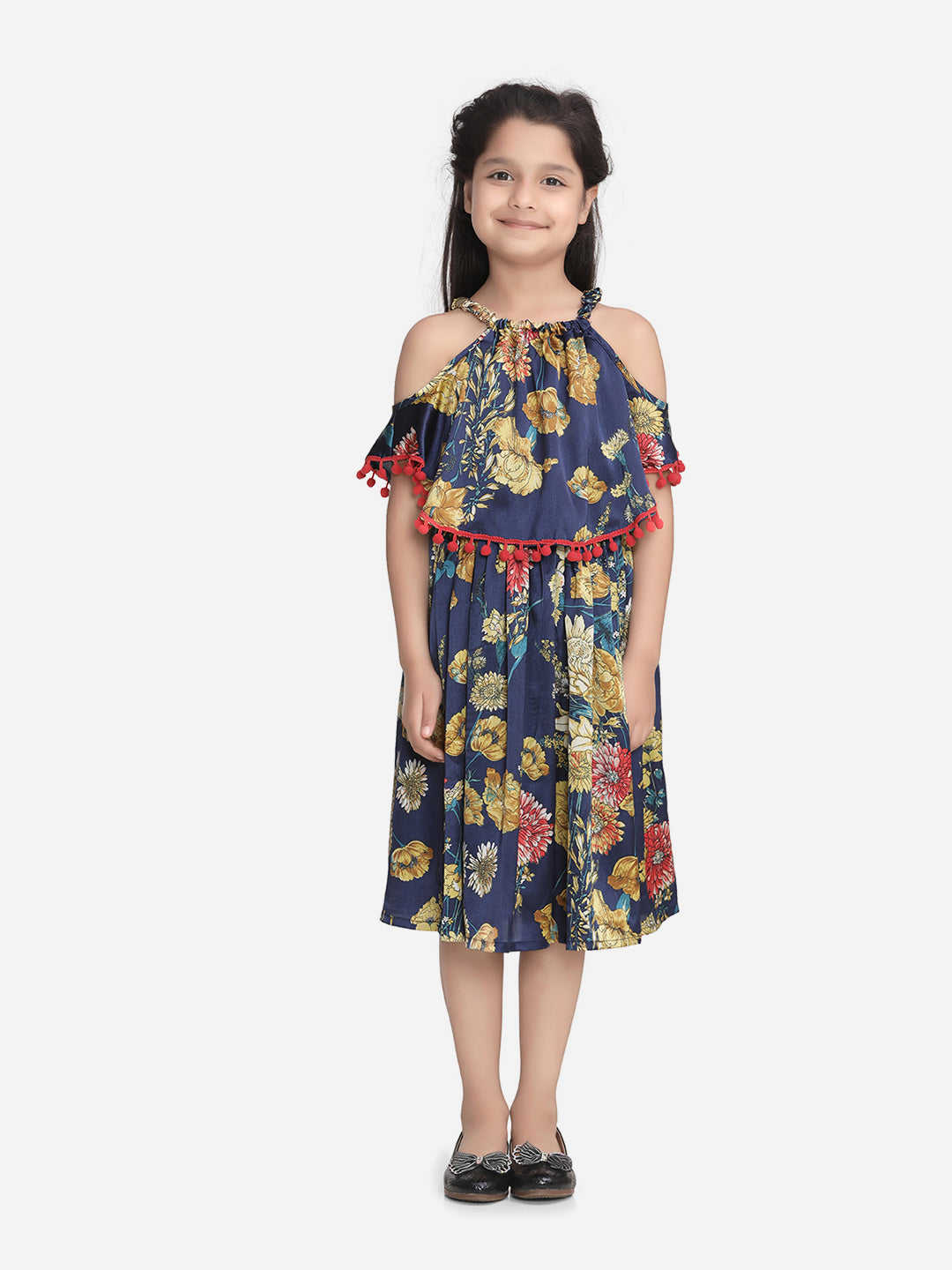 Navy Floral Printed Satin Dress with Pom Pom Lace