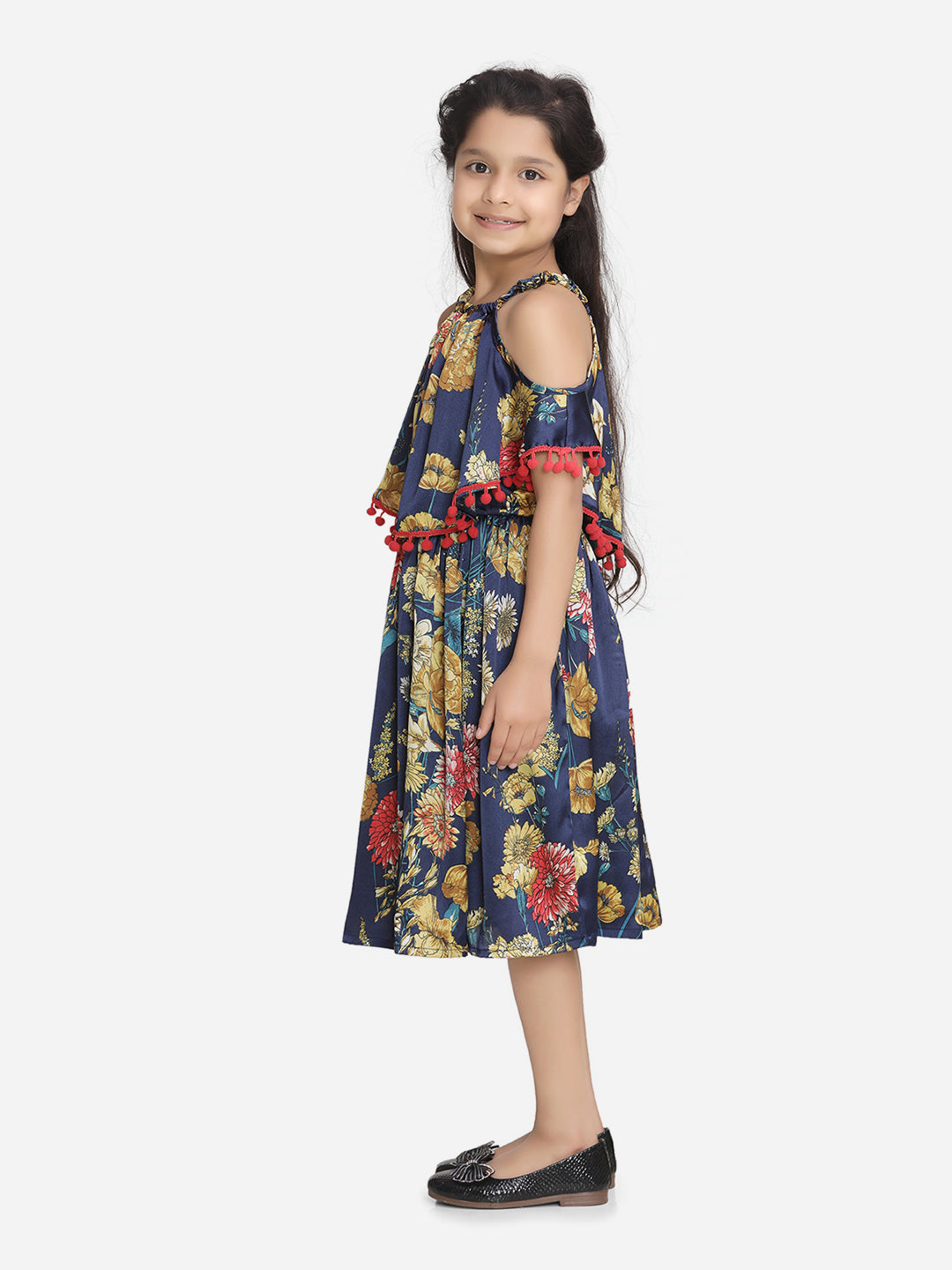 Navy Floral Printed Satin Dress with Pom Pom Lace