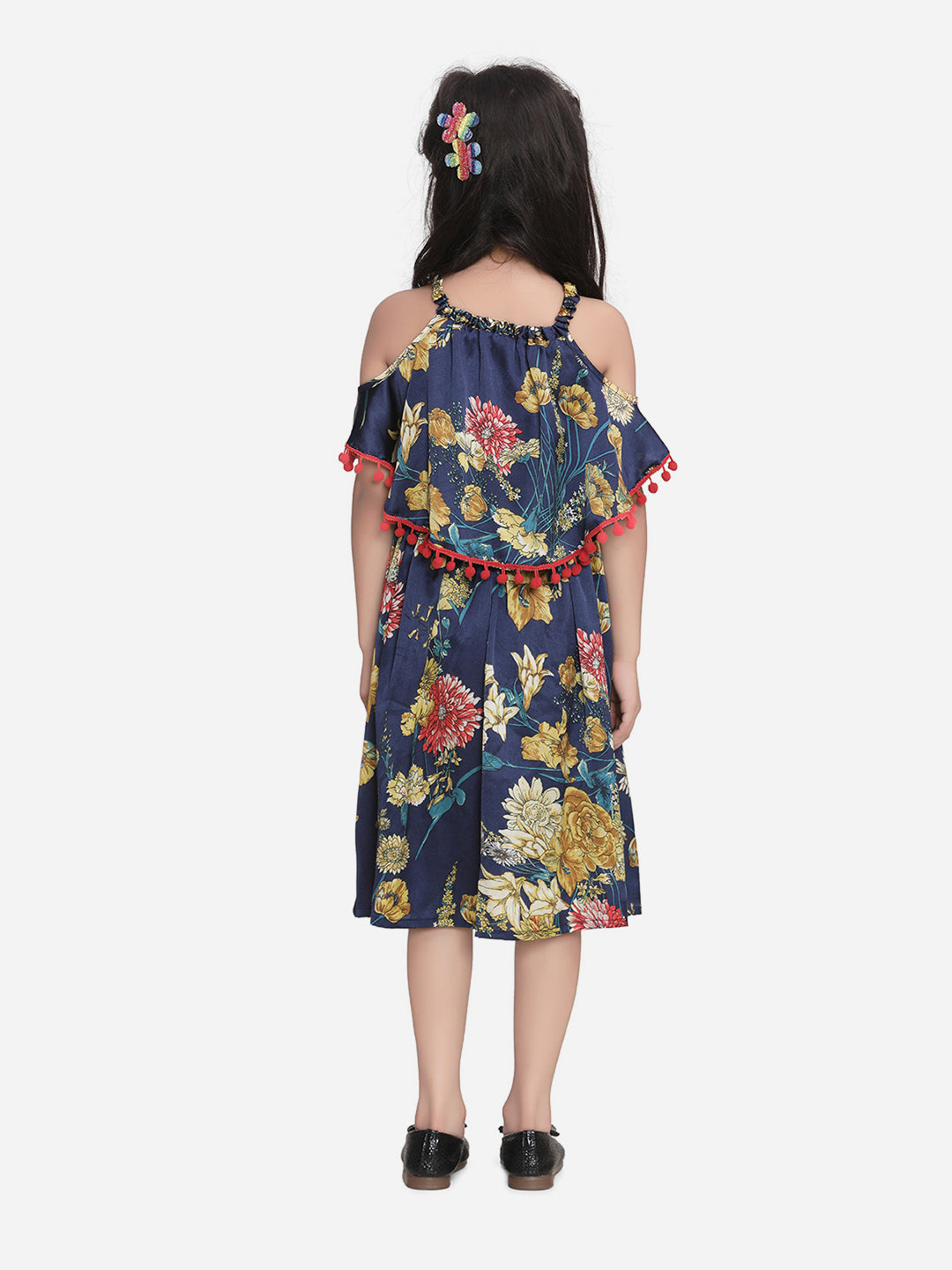 Navy Floral Printed Satin Dress with Pom Pom Lace