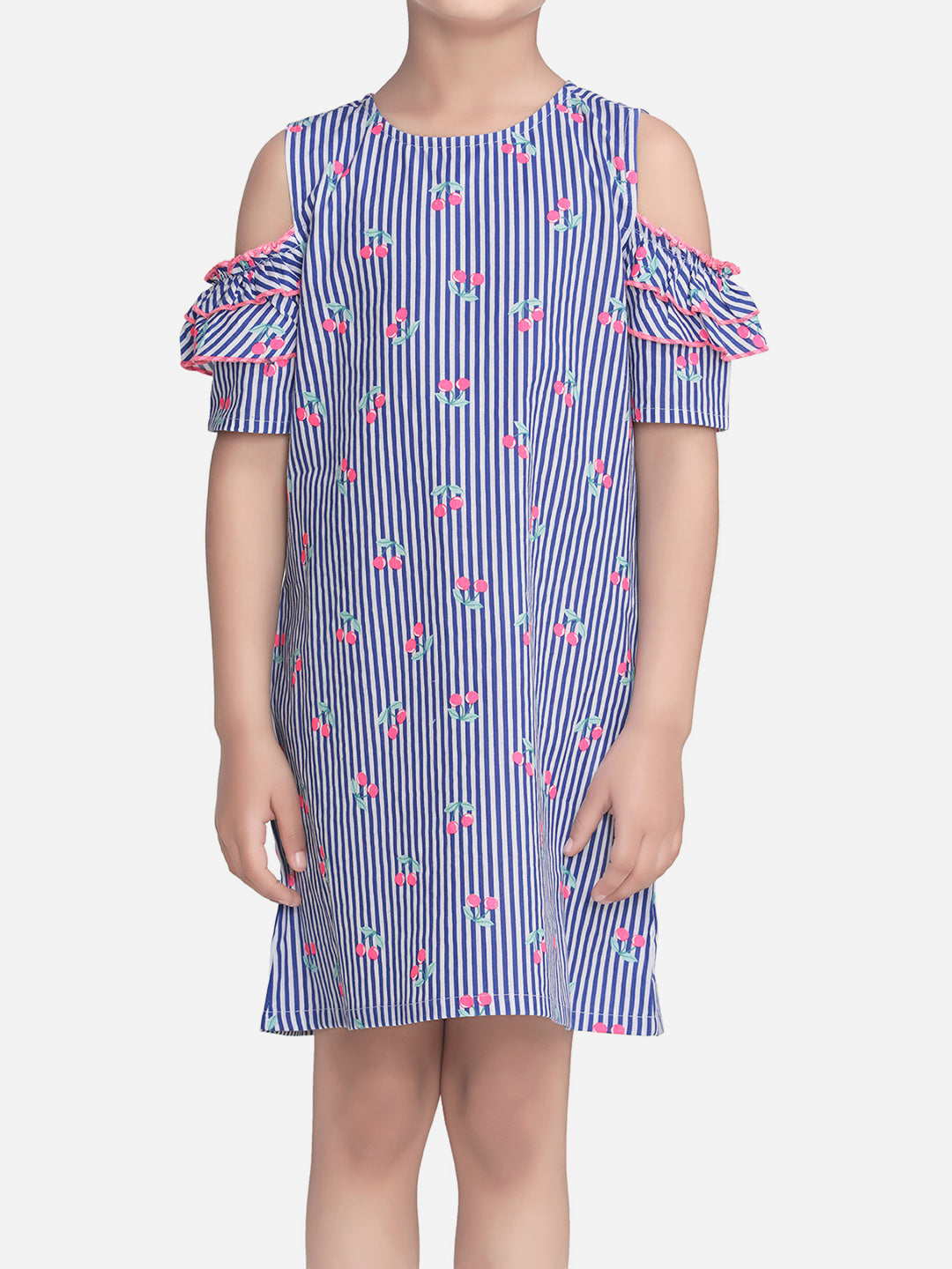 Cotton Blue Stripe and Cherry Print Cold Shoulder Dress with Ruffle Sleeve